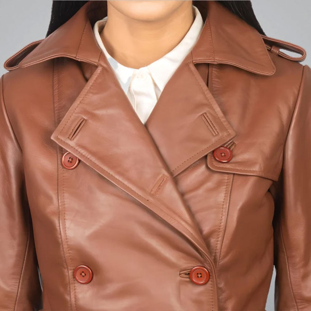Women's Brown Double-Breasted Leather Trench Coat with Belt
