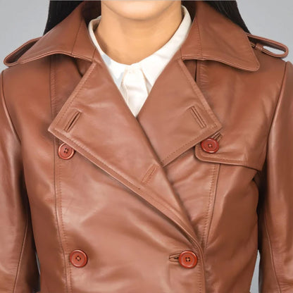 Women's Brown Double-Breasted Leather Trench Coat with Belt