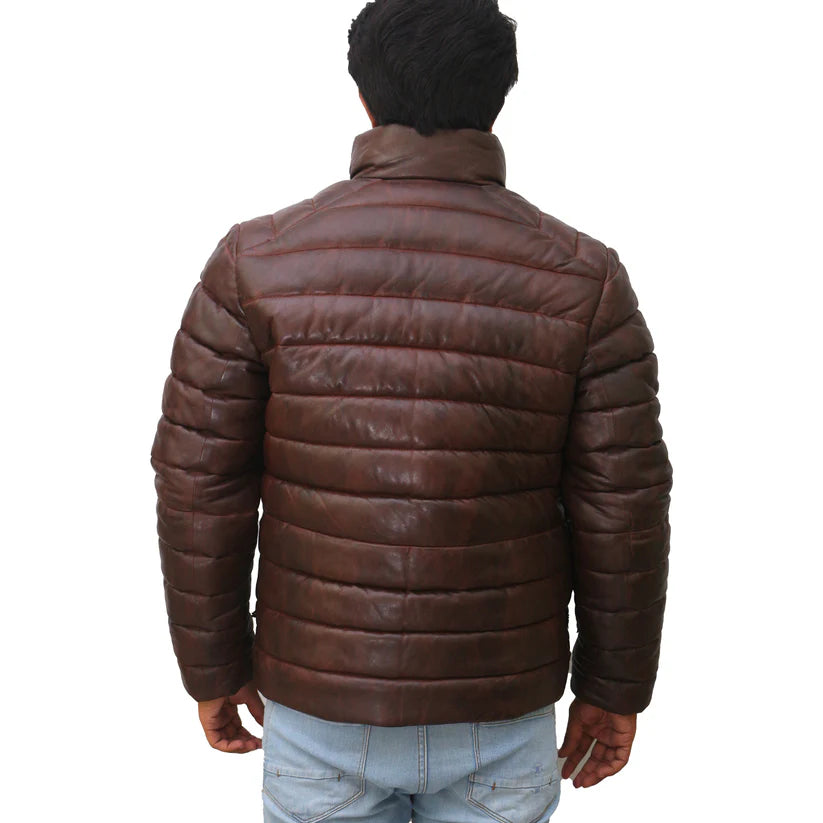 Men's Brown Leather Puffer Down Jacket