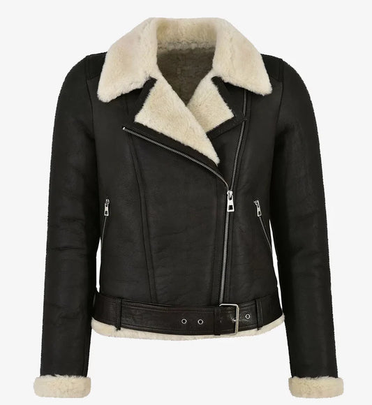 Women's Black Leather Aviator Jacket With Fur