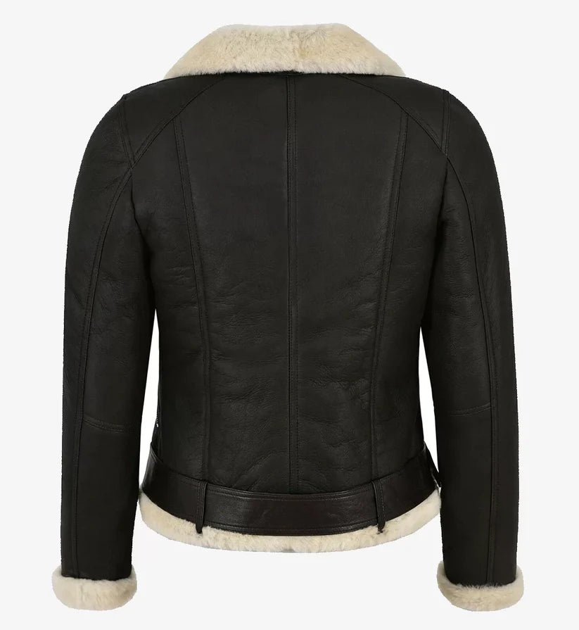 Women's Black Leather Aviator Jacket With Fur