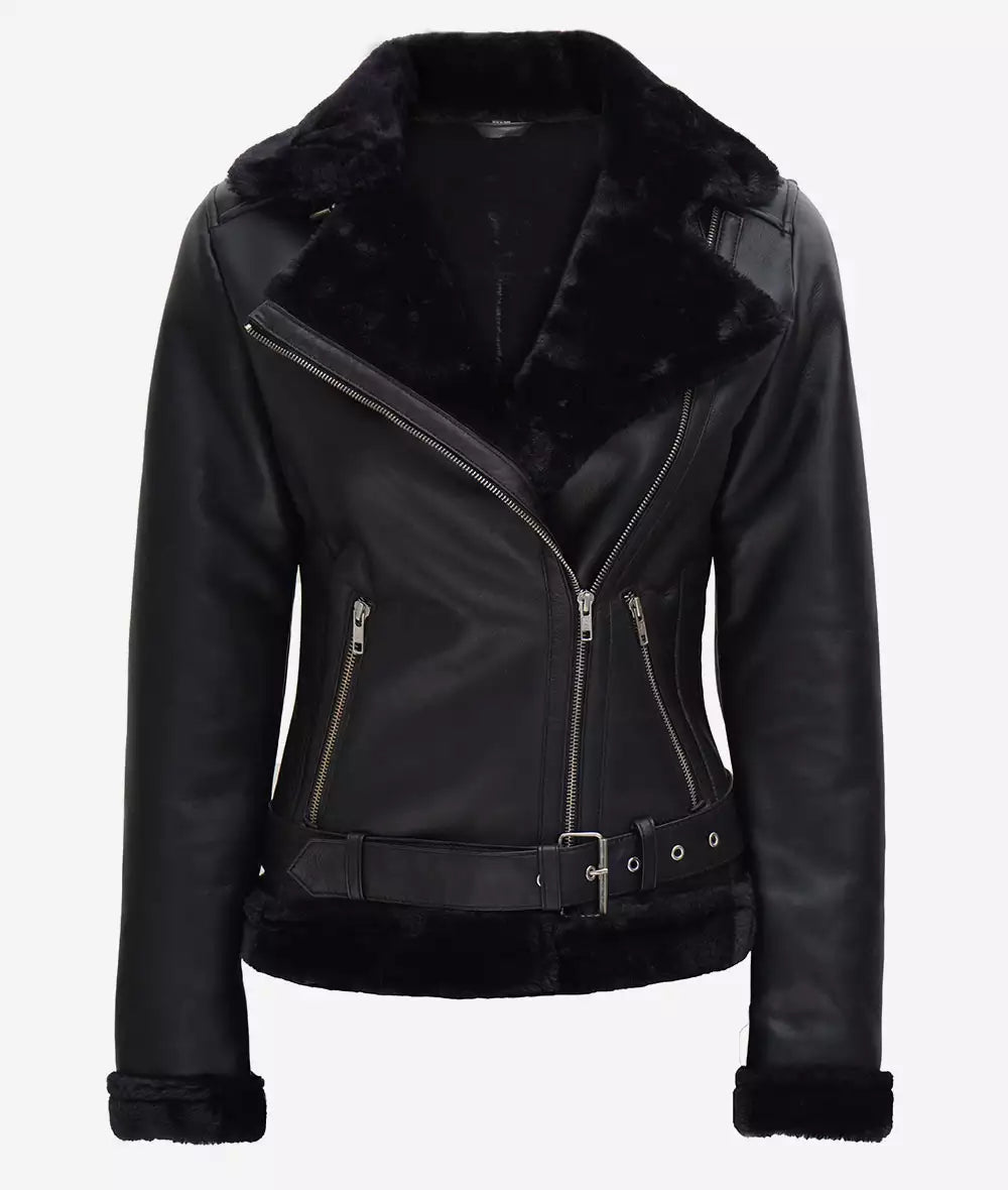 Women's Asymmetrical Aviator Black Shearling Leather Jacket