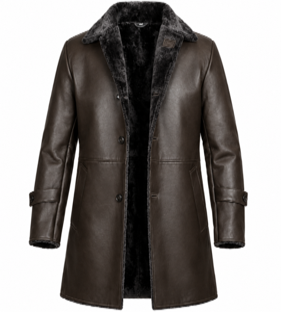 Men’s Premium Black Shearling-Lined Genuine Leather Long Trench Coat with Fur Collar & Button Closure