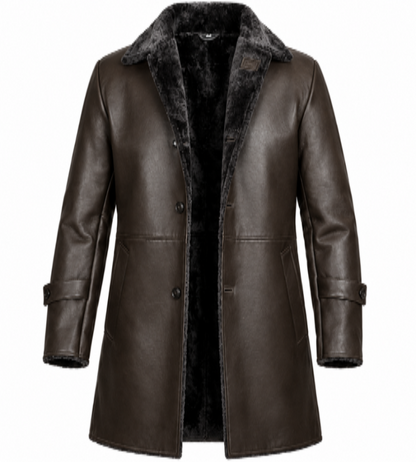 Men’s Premium Black Shearling-Lined Genuine Leather Long Trench Coat with Fur Collar & Button Closure
