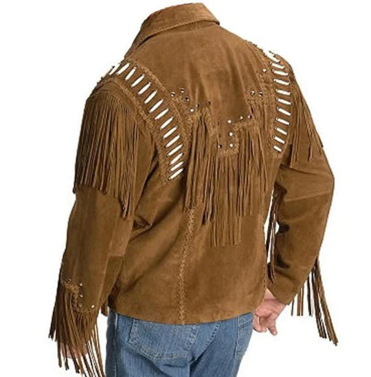 Handmade Mens Brown Suede Fringe Leather Western Jacket