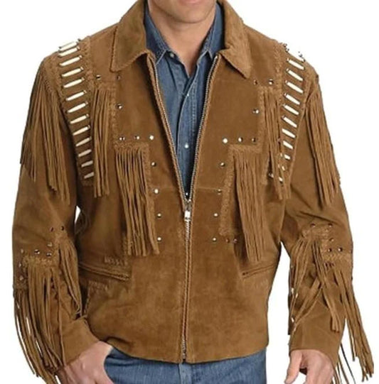 Handmade Mens Brown Suede Fringe Leather Western Jacket