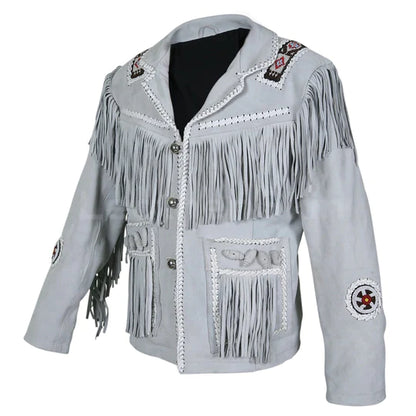 Gray Fringed Western Suede Cowboy Leather Jacket