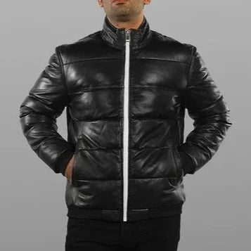 Genuine Black Leather Quilted Bomber Jacket Men