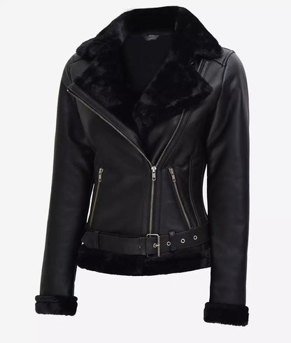 Women's Asymmetrical Aviator Black Shearling Leather Jacket