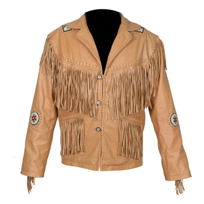 Men's Buckskin Leather Cowboy Jacket Native American Western Fringe Coat