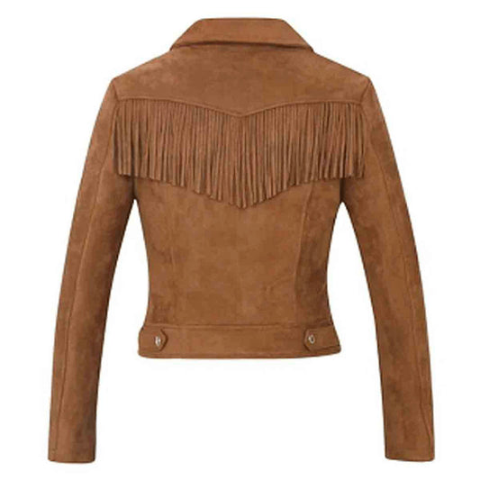 Women's Suede Leather Fringe Jacket, Tan Biker Moto Cropped Coat