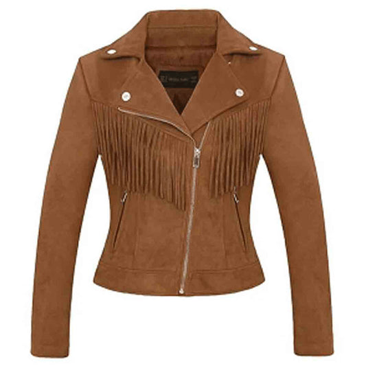 Women's Suede Leather Fringe Jacket, Tan Biker Moto Cropped Coat
