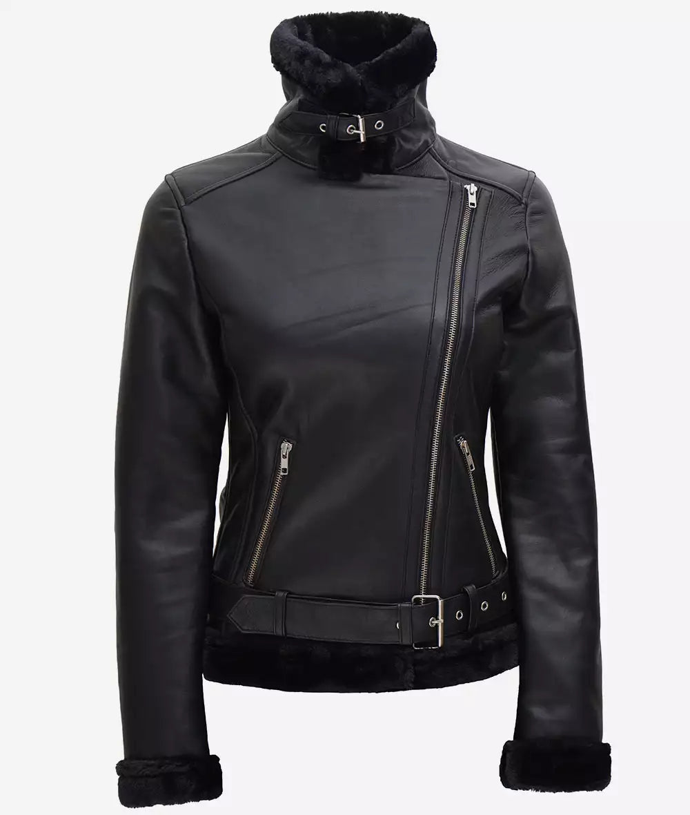 Women's Asymmetrical Aviator Black Shearling Leather Jacket