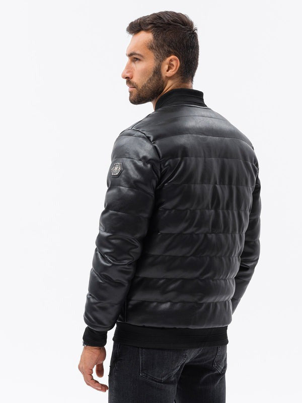 Men’s Black Quilted Leather Puffer Bomber Jacket