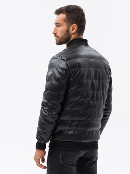 Men’s Black Quilted Leather Puffer Bomber Jacket
