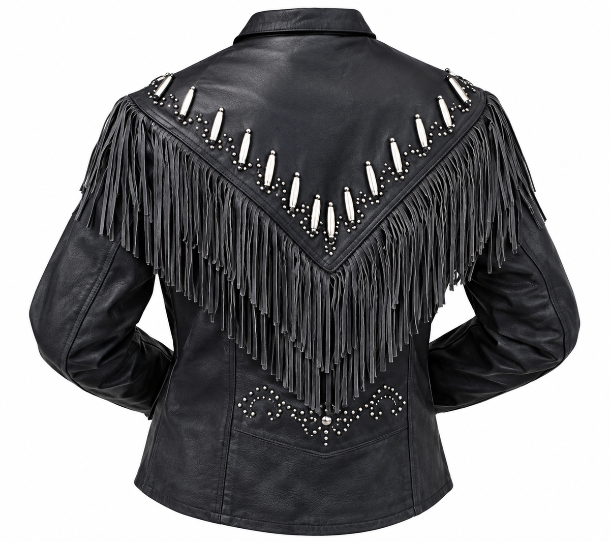 Women’s Black Western Studded Fringe Leather Jacket