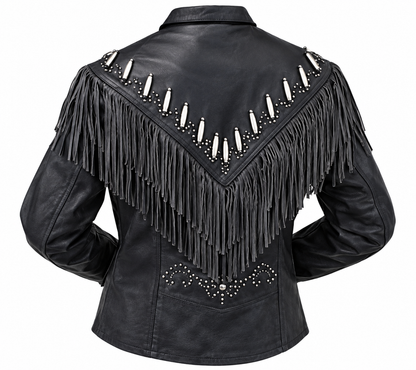 Women’s Black Western Studded Fringe Leather Jacket
