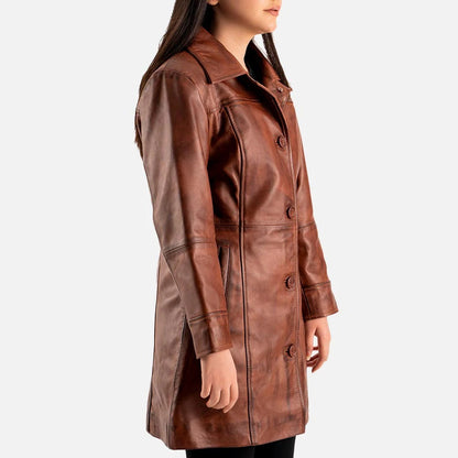 Women's Vintage Brown Leather Button Front Trench Coat