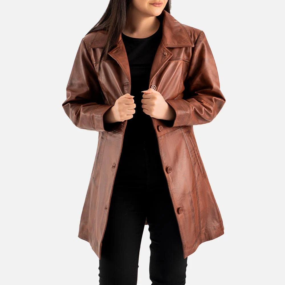 Women's Vintage Brown Leather Button Front Trench Coat