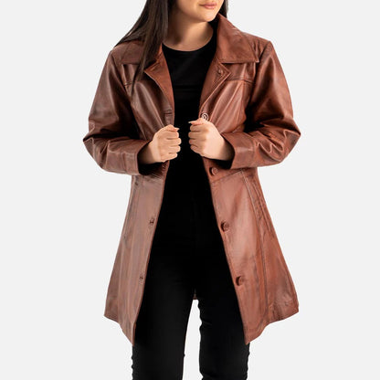 Women's Vintage Brown Leather Button Front Trench Coat