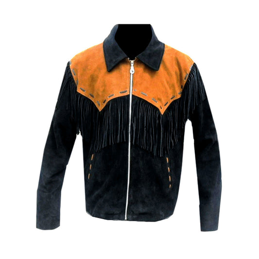 Men’s American Western Black & Orange Suede Jacket with Fringe Detailing