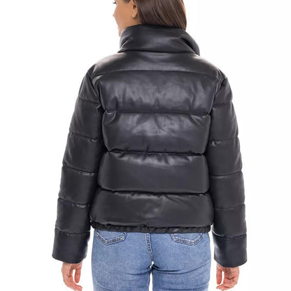 Womens Black Leather Puffer Jacket