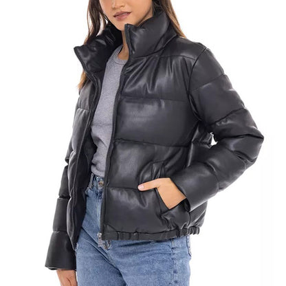 Womens Black Leather Puffer Jacket