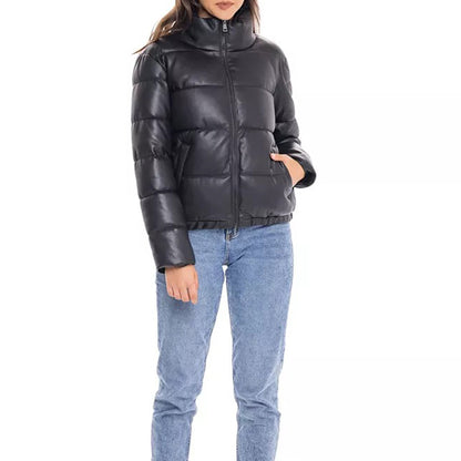 Womens Black Leather Puffer Jacket