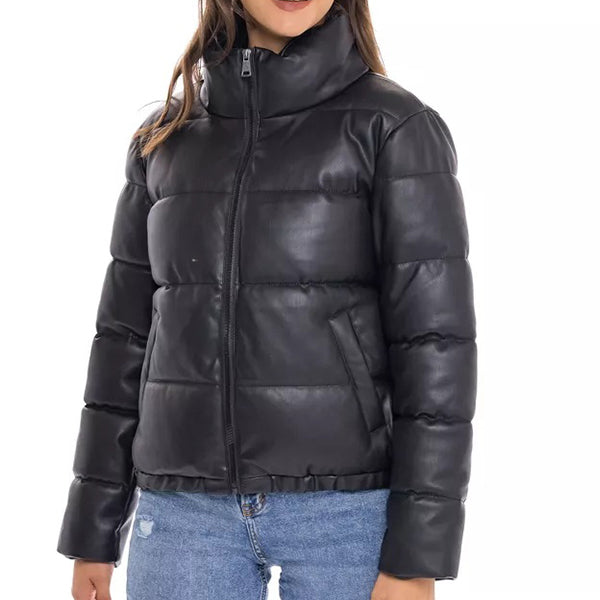 Womens Black Leather Puffer Jacket