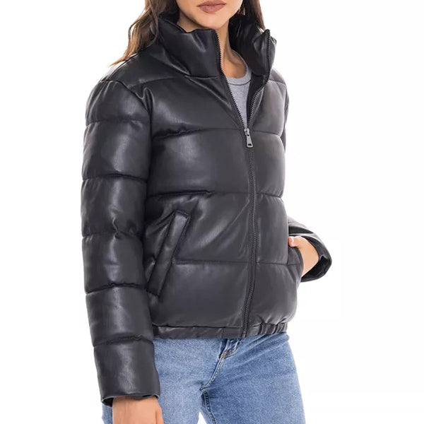 Womens Black Leather Puffer Jacket