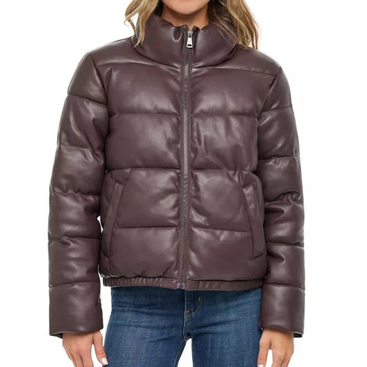 Womens Brown Leather Puffer Jacket