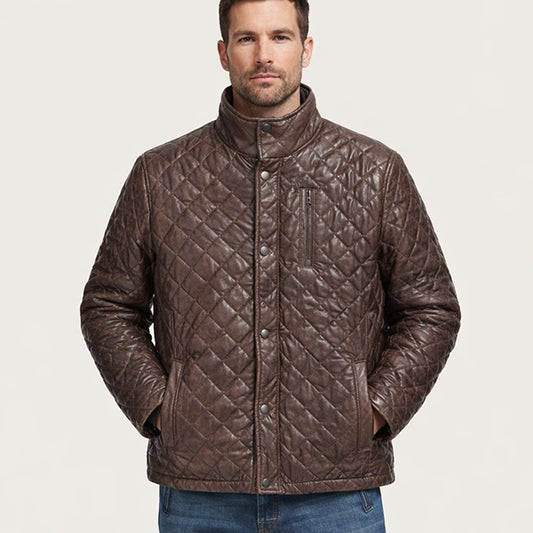 Mens Brown Quilted Leather Puffer Jacket