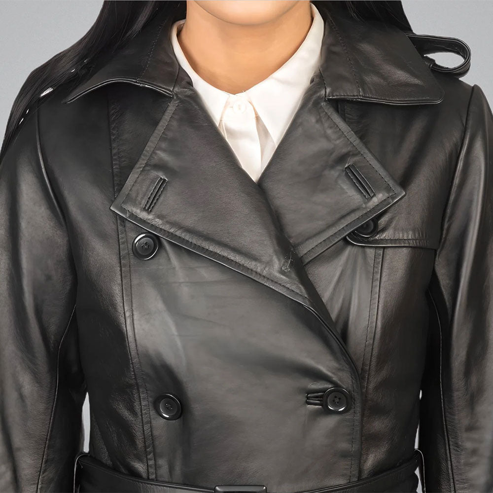 Women's Black Double Breasted Leather Trench Coat with Belt