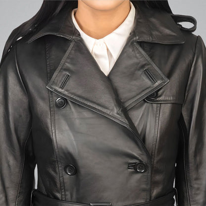 Women's Black Double Breasted Leather Trench Coat with Belt