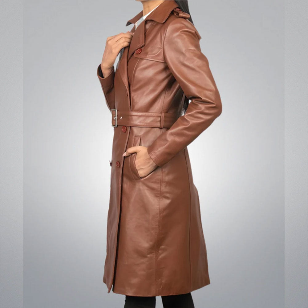 Women's Brown Double-Breasted Leather Trench Coat with Belt