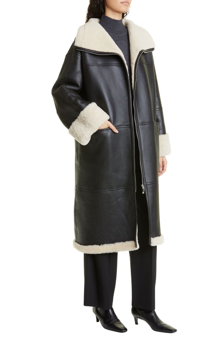 Black Sherpa Leather Long Coat Womens