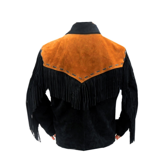 Men’s American Western Black & Orange Suede Jacket with Fringe Detailing