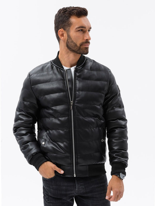 Men’s Black Quilted Leather Puffer Bomber Jacket