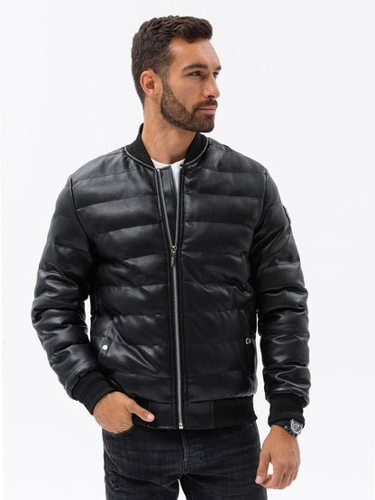 Men’s Black Quilted Leather Puffer Bomber Jacket