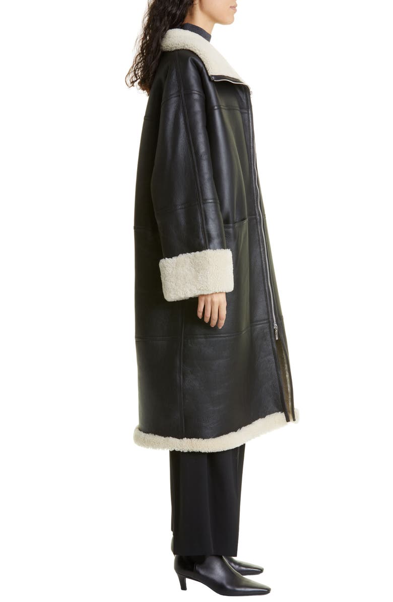 Black Sherpa Leather Long Coat Womens