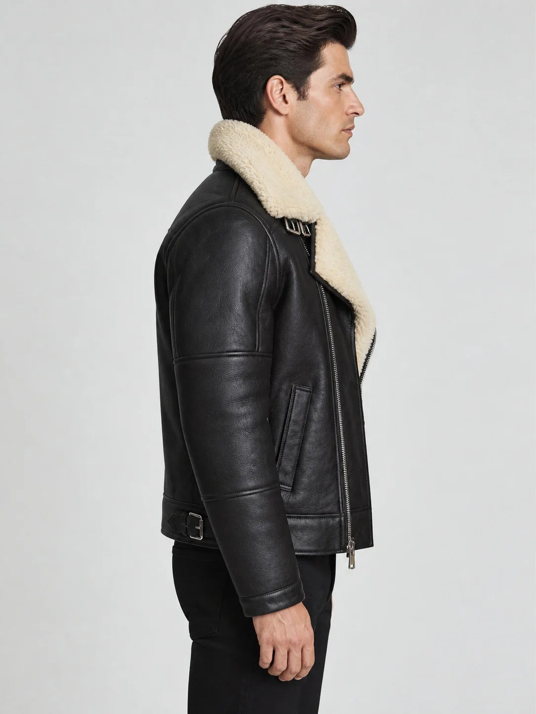 Men’s Black Leather Biker Jacket with Cream Shearling Collar