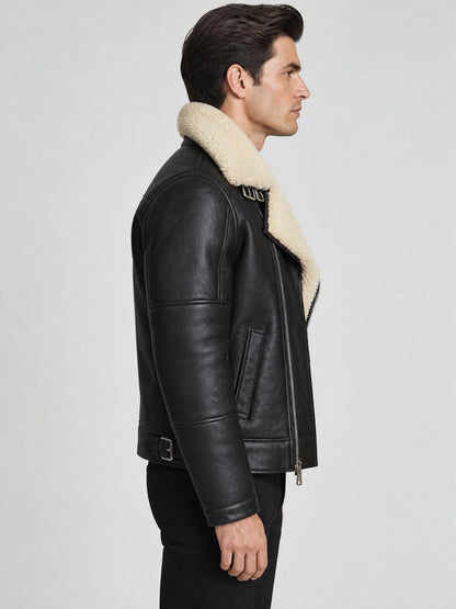 Men’s Black Leather Biker Jacket with Cream Shearling Collar
