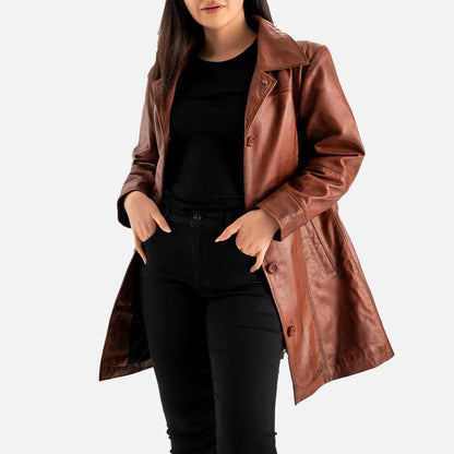 Women's Vintage Brown Leather Button Front Trench Coat