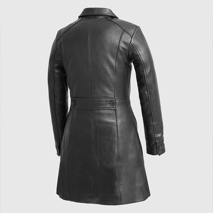 Women's Classic Black Leather Button-Front Trench Coat