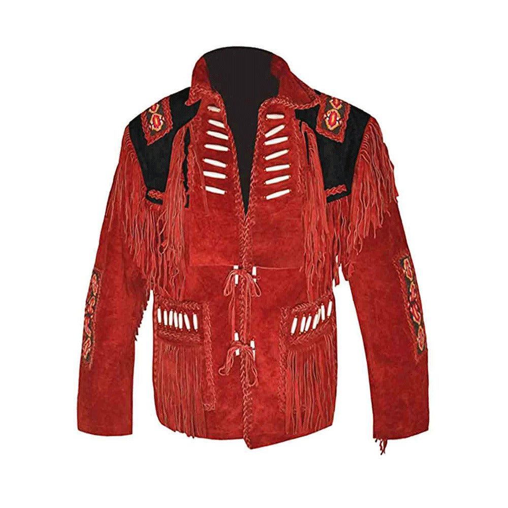 Men’s Red Western Suede Fringe Jacket with Embroidered & Lace-Up Detailing