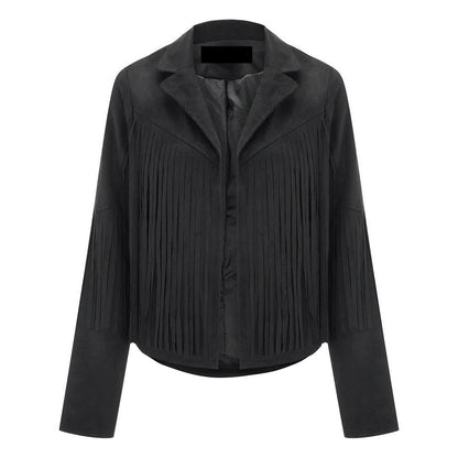 Women’s Classic Black Western Leather Jacket with Fringe Detailing