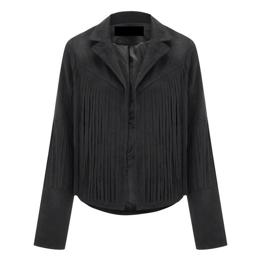 Women’s Classic Black Western Leather Jacket with Fringe Detailing