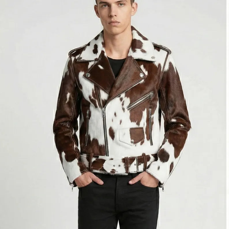 Men's Pony Skin Hair-On Asymmetrical Zipper Moto Cow Skin Jacket