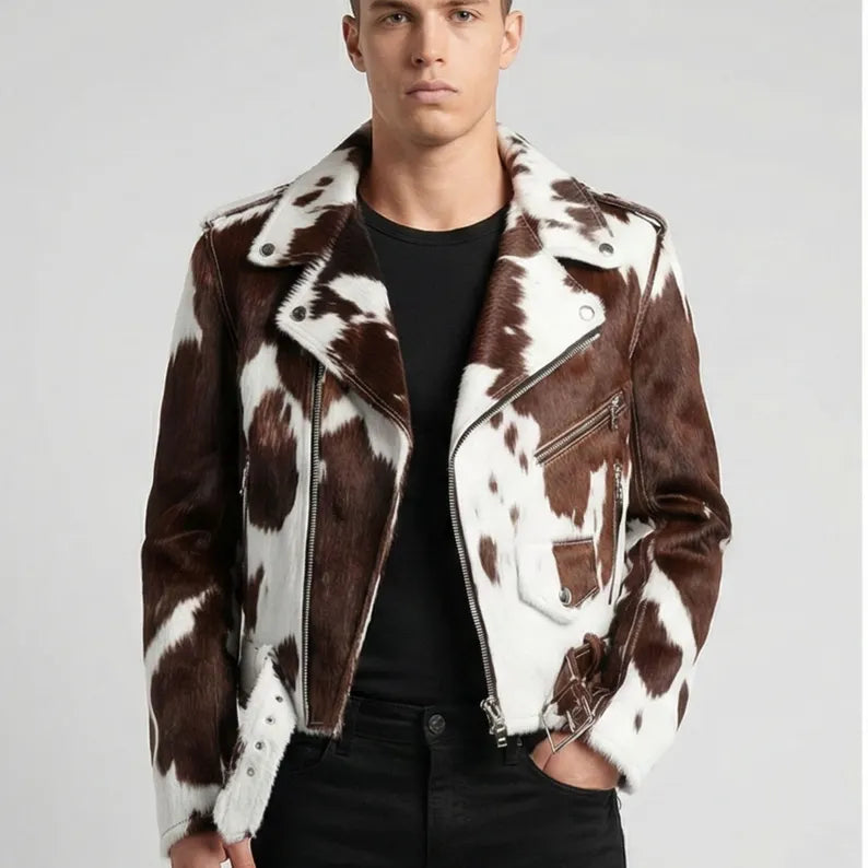 Men's Pony Skin Hair-On Asymmetrical Zipper Moto Cow Skin Jacket