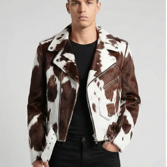 Men's Pony Skin Hair-On Asymmetrical Zipper Moto Cow Skin Jacket